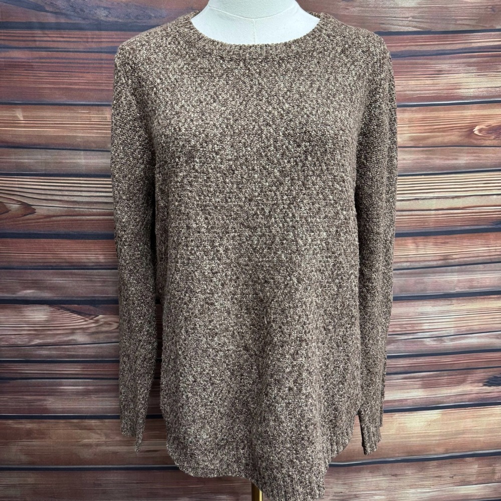 Pink Clover Womens Brown Marled Knit Crew Neck Sweater Curved Hem Small 51792A